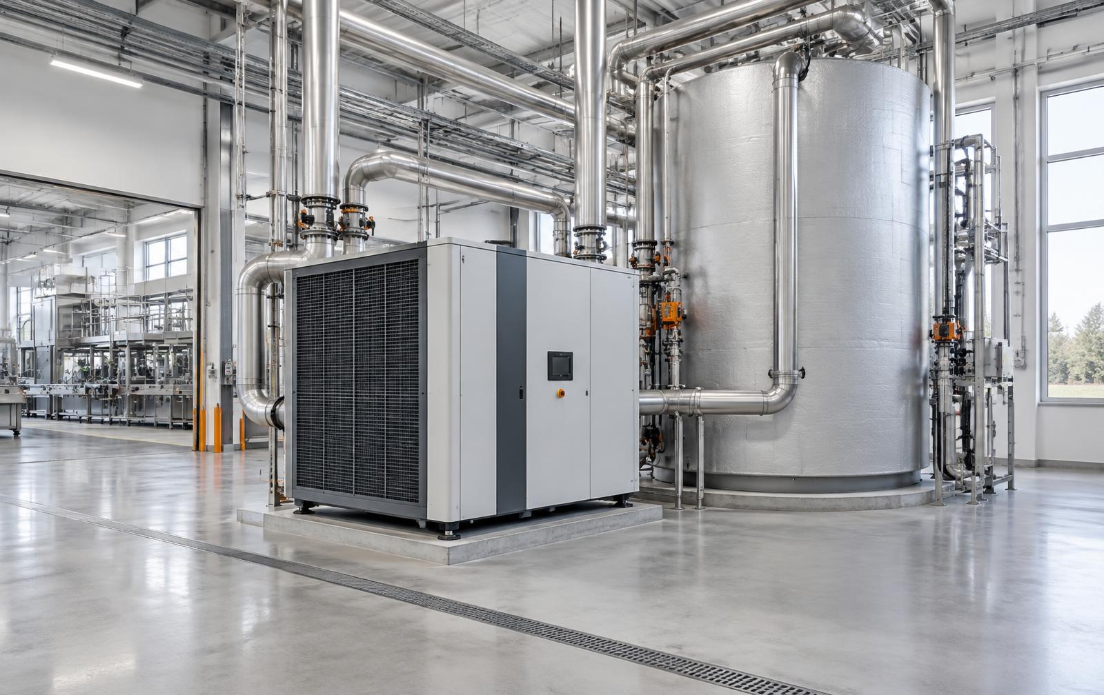 Industrial heat pump and thermal storage tank in a food processing plant